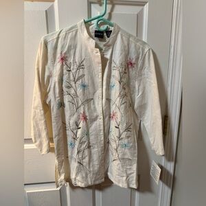 Erika Cream Linen-Cotton Blend Shirt NWT Floral Button Up